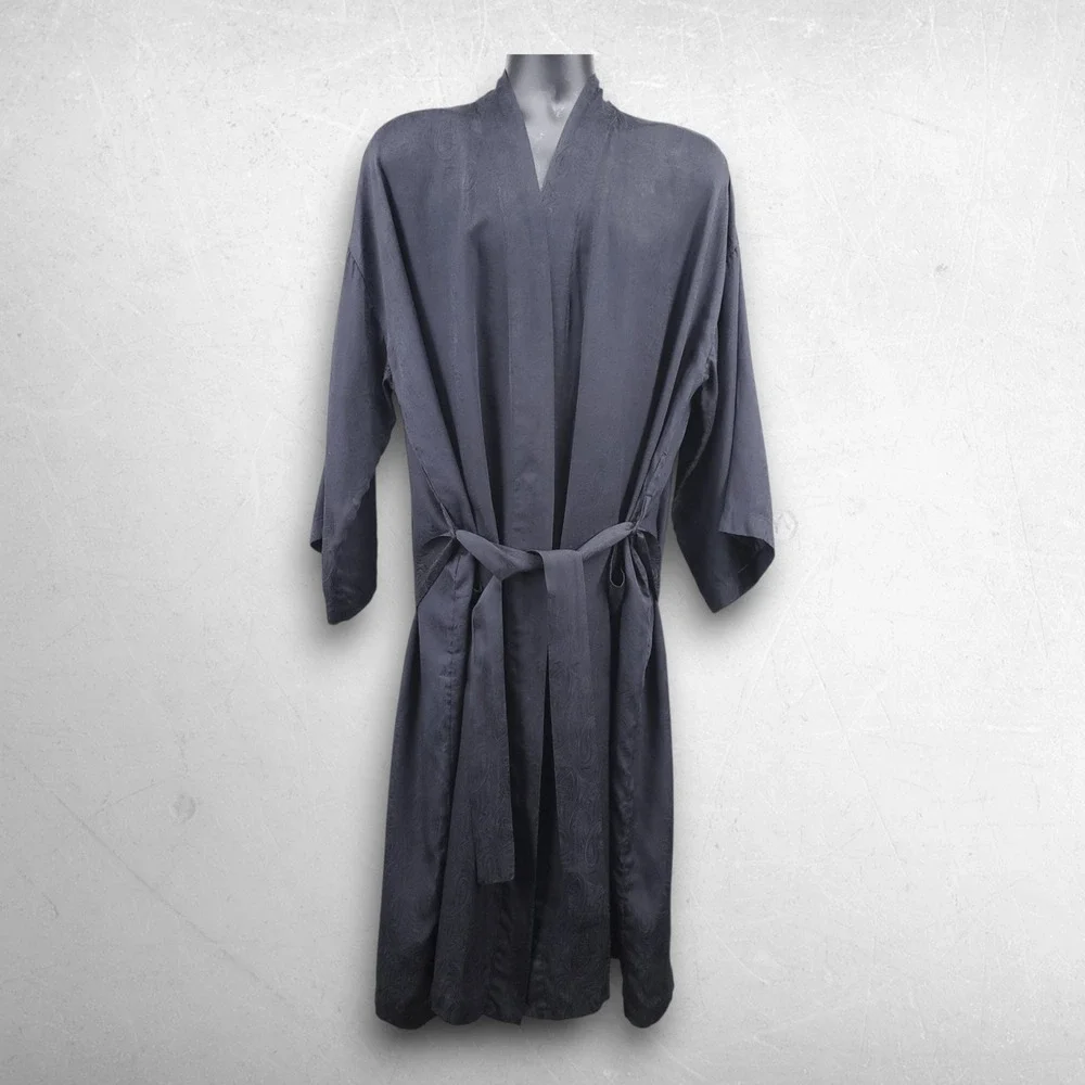 VTG 80s Mansilk 100% Silk Kimono Robe Men OS Black Luxury Paisley Jacquard 90s